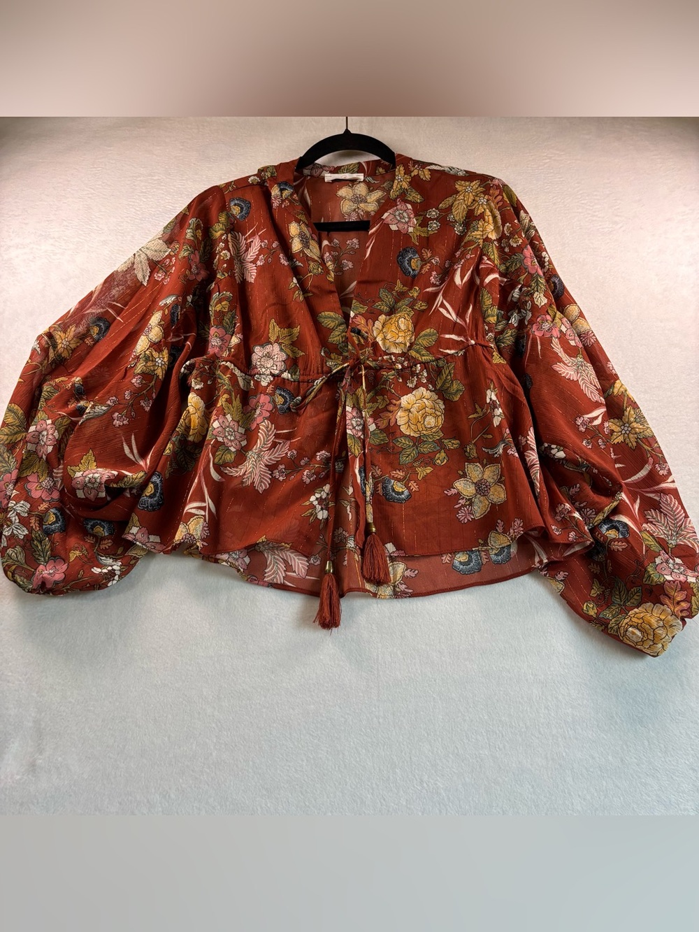 Floral Tie-Front Peasant Blouse in Rust